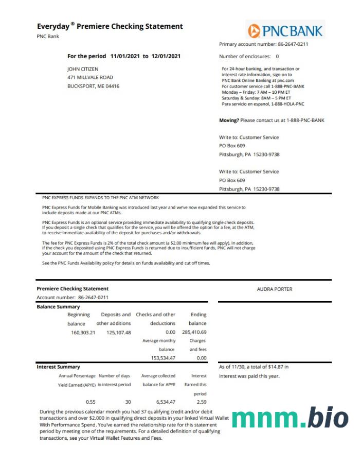 Wyciąg bankowy USA PNC, szablon Word i PDF, 2 strony